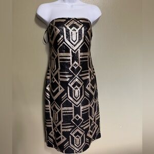 RALPH LAUREN Black Gold Sequin Modern Geometric Strapless Evening Dress, Size 10